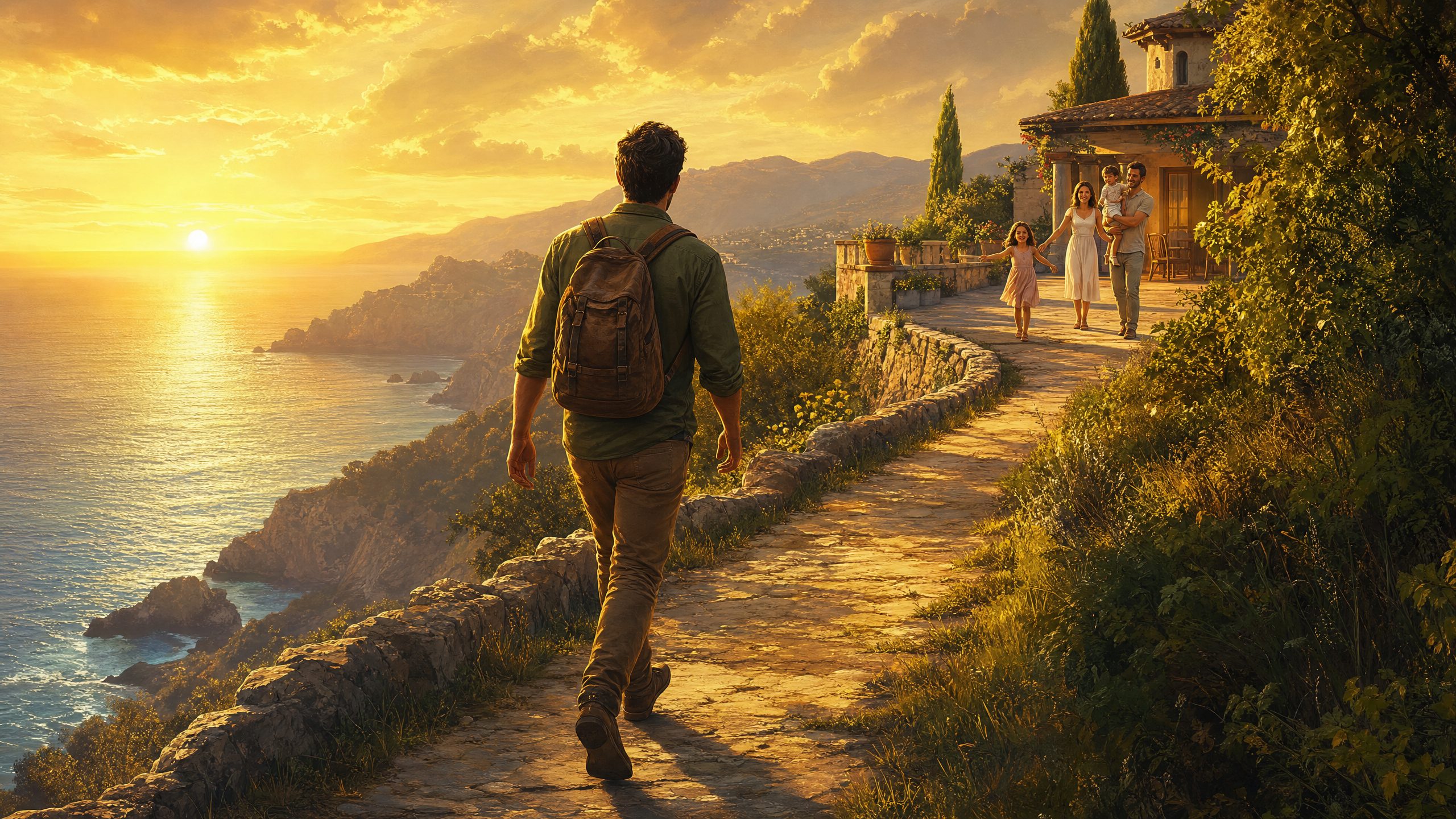 A man walking a coastal path toward his family — the journey from burnout to freedom