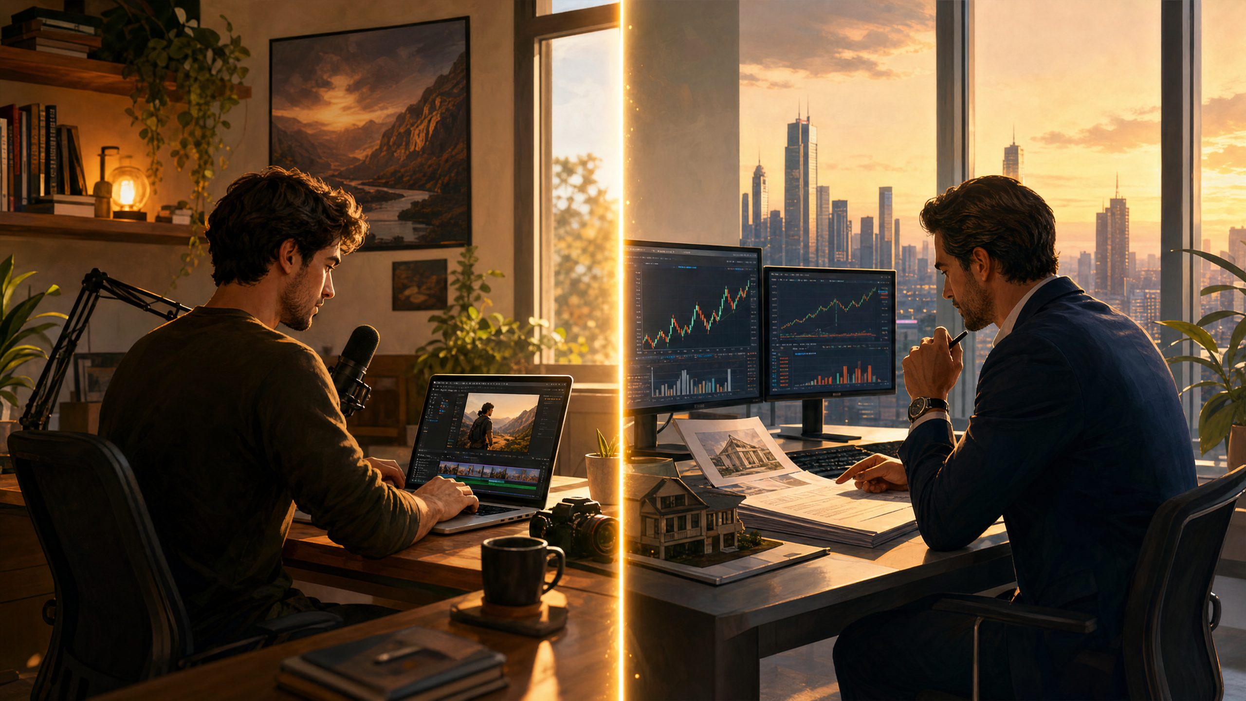 Two paths: building an online income system on the left, growing an investment portfolio on the right
