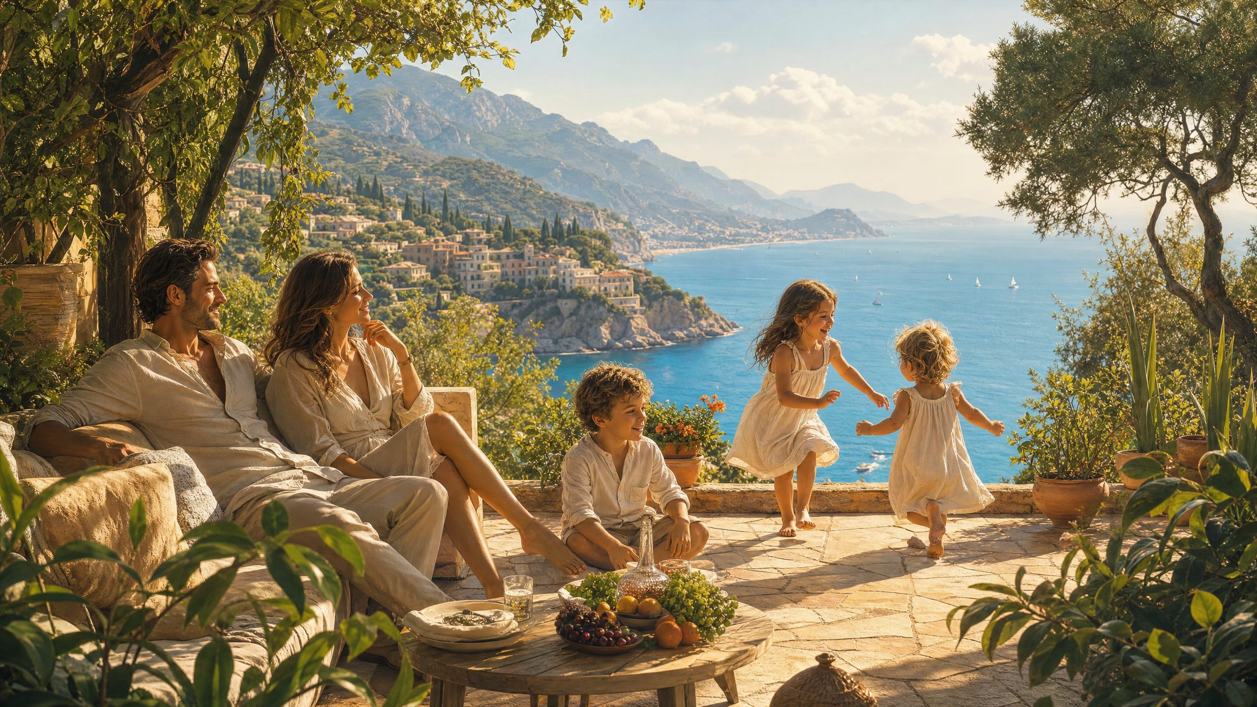 A family relaxing on a Mediterranean terrace — true wealth is freedom, not a number