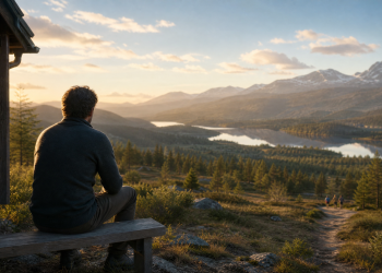 Man in quiet reflection outside a Scandinavian cabin, overlooking mountains at sunrise