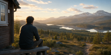 Man in quiet reflection outside a Scandinavian cabin, overlooking mountains at sunrise