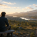 Man in quiet reflection outside a Scandinavian cabin, overlooking mountains at sunrise