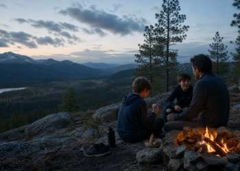Father and children gathered around a small fire with mountains in the background