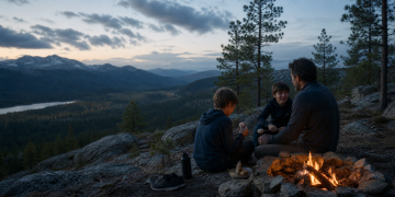Father and children gathered around a small fire with mountains in the background