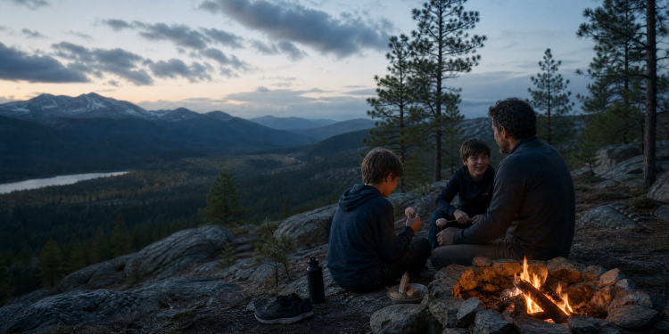 Father and children gathered around a small fire with mountains in the background