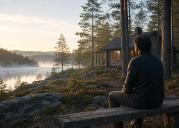 Man in quiet reflection outside a Scandinavian cabin beside a misty forest lake.
