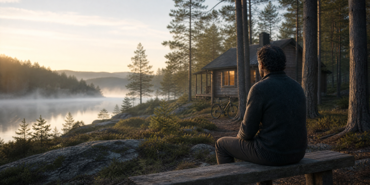 Man in quiet reflection outside a Scandinavian cabin beside a misty forest lake.