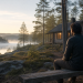 Man in quiet reflection outside a Scandinavian cabin beside a misty forest lake.