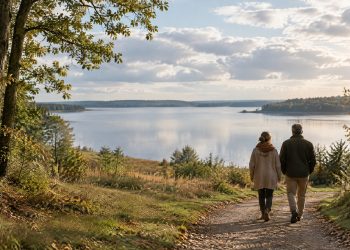 A couple walking along a wooded path towards a calm lake beneath soft September clouds in Denmark.